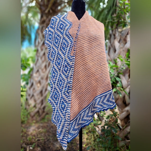 Hand Knit Shawl Blue Brown Beige Hand Dyed Yarn Mosaic Colorwork Soft Warm Cozy - Picture 13 of 16
